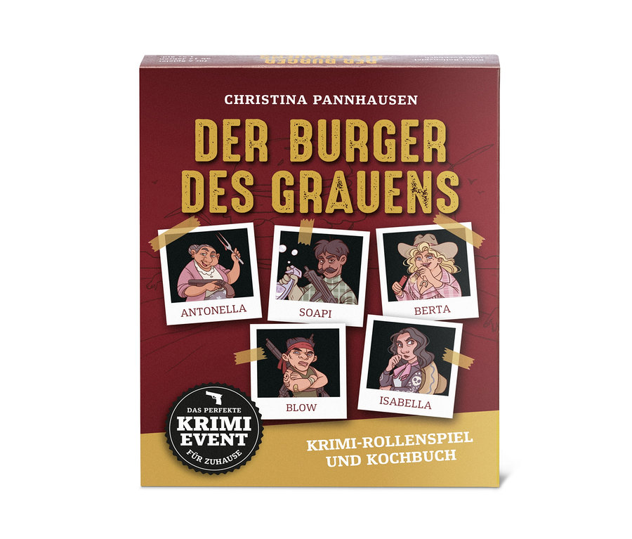 Box des Krimispiels »Der Burger des Grauens« mit gezeichneten Charakterporträts.