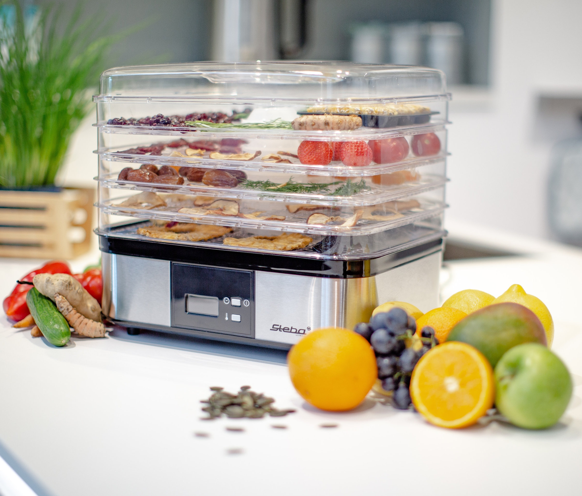 Mehrstöckiger Steba-Dörrautomat ED 5 mit verschiedenen Obst- und Gemüsesorten auf einem weißen Tisch.