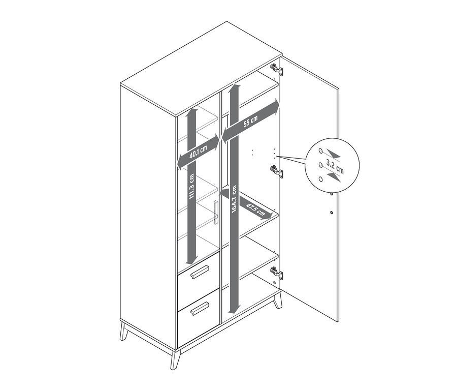 Abbildung eines Kleiderschranks mit geöffneter Tür und Maßangaben.