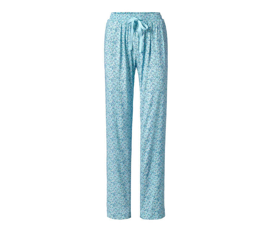 Blaue Pyjamahose mit Kordelzug und Blumenmuster.