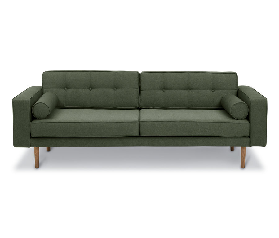 Grünes 3-Sitzer-Sofa „Jules“ vor weißem Hintergrund.