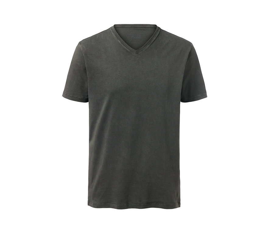 Ein graues EarthColors® T-Shirt mit kurzen Ärmeln und V-Ausschnitt.