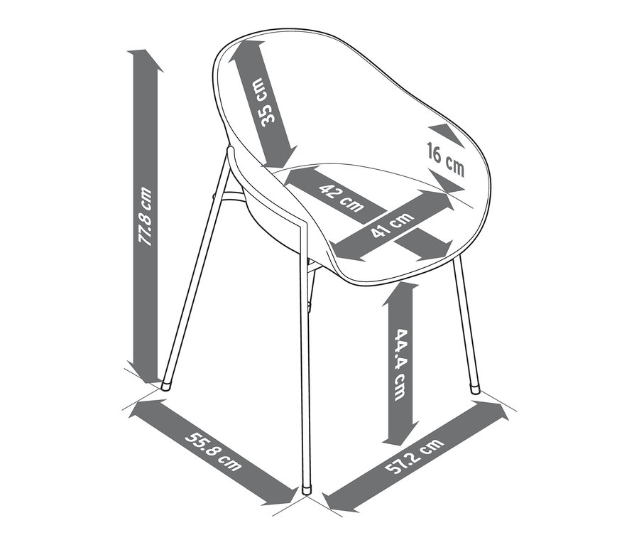 Abbildung eines modernen Schalenstuhls in Taupe und Mint mit Massangaben.
