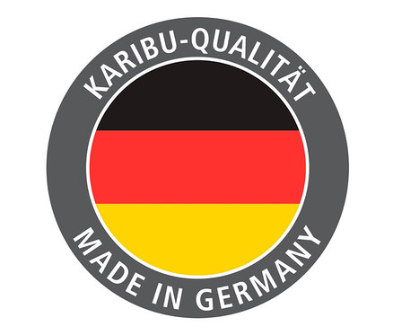 Deutsches Flaggenlogo mit der Aufschrift Karibu-Qualität und Made in Germany.