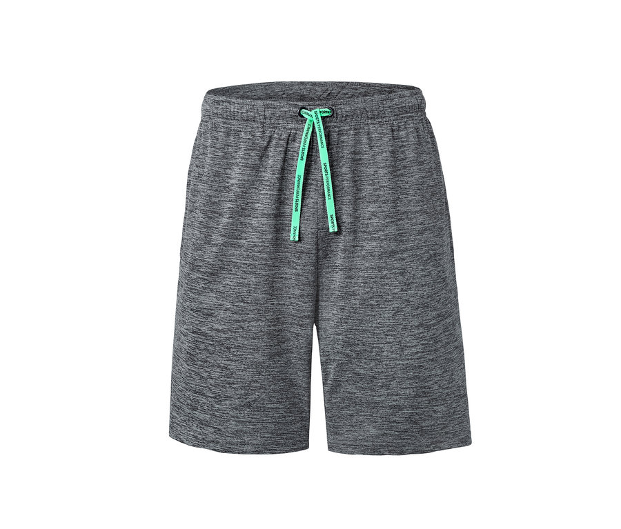 Graue Sportshorts mit grünem Kordelzug.