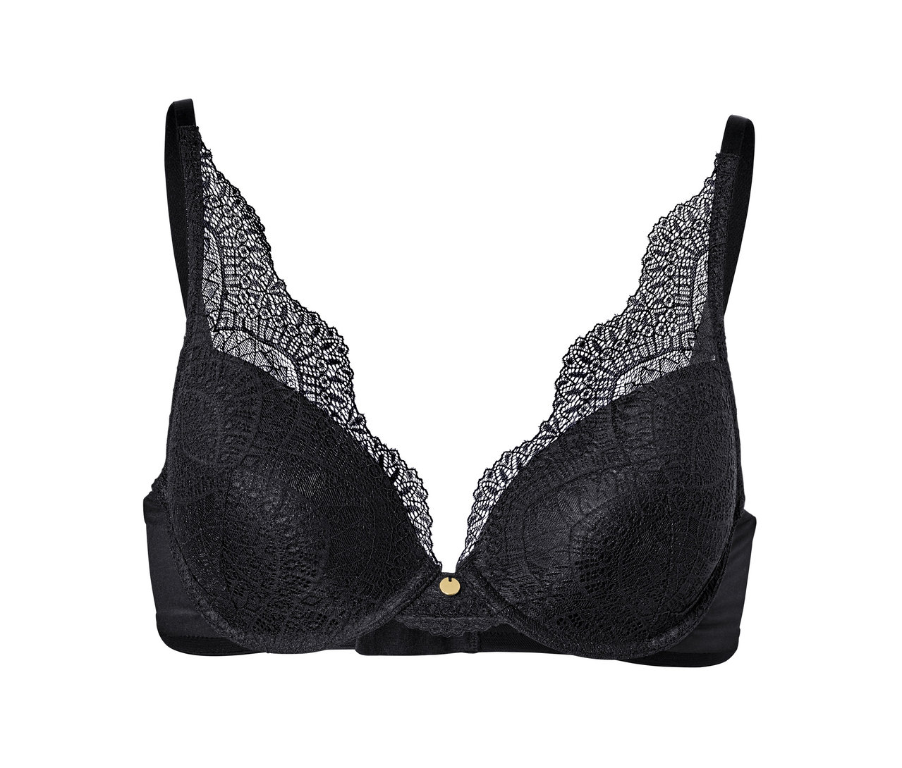 Schwarzer Schalen-BH auf weißem Hintergrund.