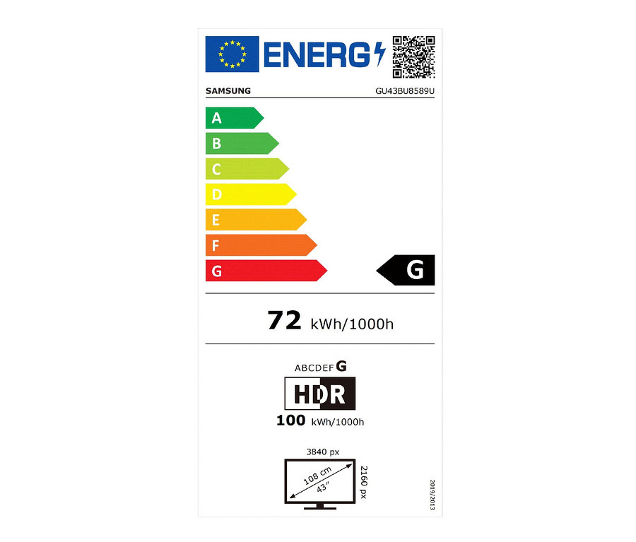 Das Energielabel des Samsung Fernsehers zeigt die Energieeffizienzklasse G und einen Verbrauch von 72 kWh/1000h. Samsung Crystal UHD 4K LED TV »GUBU8589UXZG«, 43”