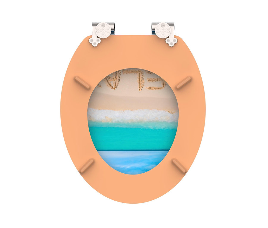 Ein beiger WC-Sitz mit einem Strand- und Meermotiv im Inneren.