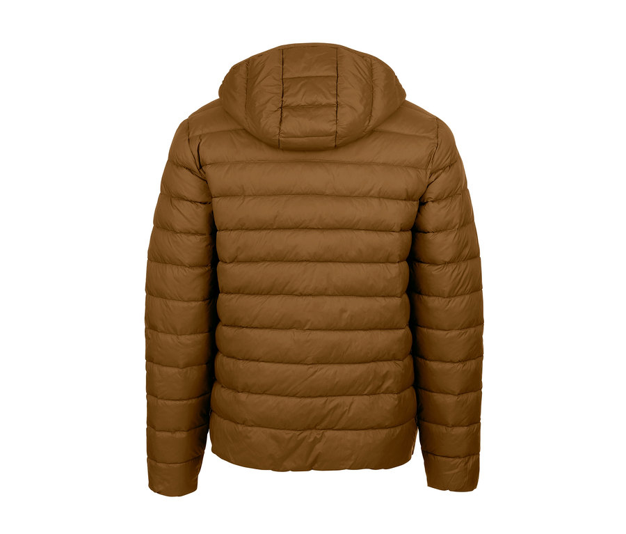 Rückansicht einer Steppjacke mit Kapuze.