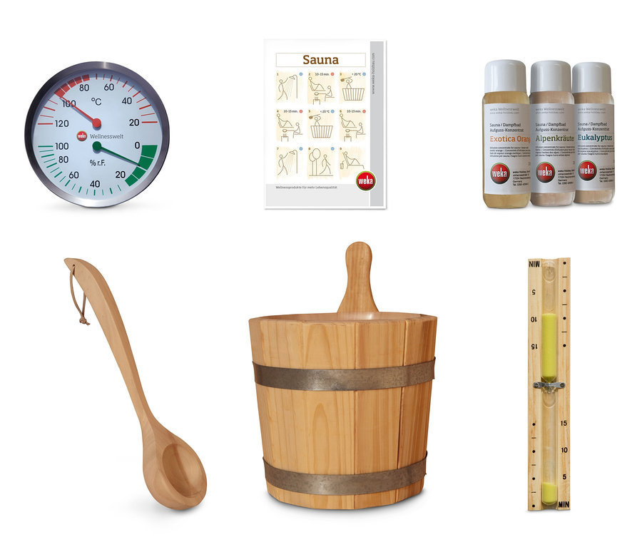 Das Bild zeigt ein Thermometer, eine Broschüre, drei Flaschen, eine Holzkelle, einen Eimer und einen Timer, die Teile des 8-teiligen weka Sauna-Premium-Zubehör-Sets sind.