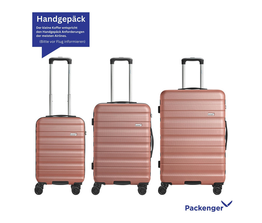 Ein 3er-Set PACKENGER Hartschalenkoffer »Jörn« in Mauve steht nebeneinander, vom kleinsten zum größten.