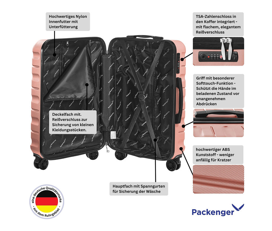 Geöffneter PACKENGER Hartschalen-Koffer »Jörn« in Mauve mit Nylon-Innenfutter und Deckelfach mit Reißverschluss.