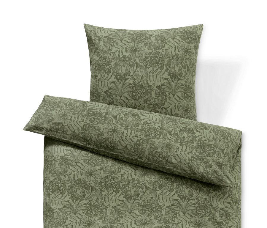Grüne Biber-Bettwäsche mit Blumenmuster.