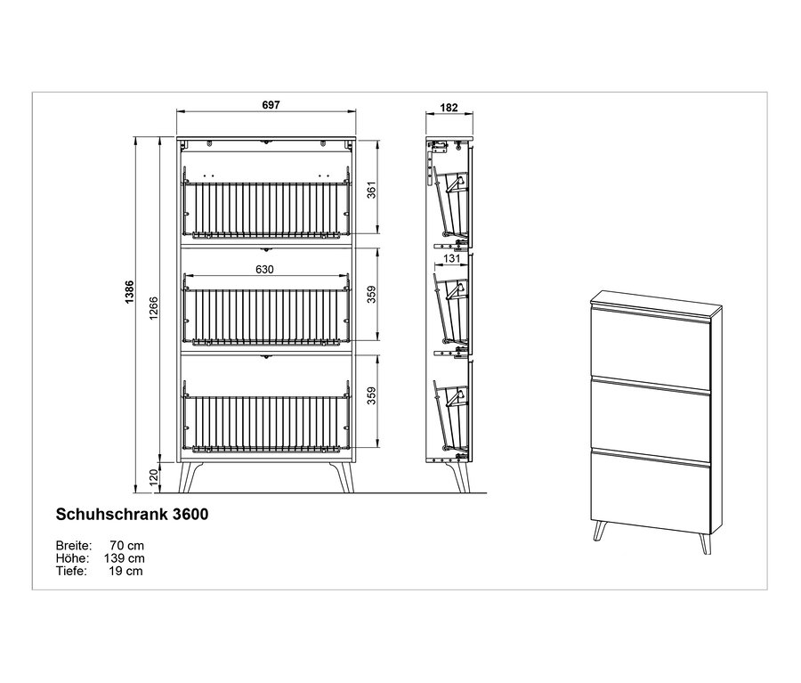 Visualisierung eines Schuhschranks »Kipper« in Graphit, Taupegrün und Weiß.