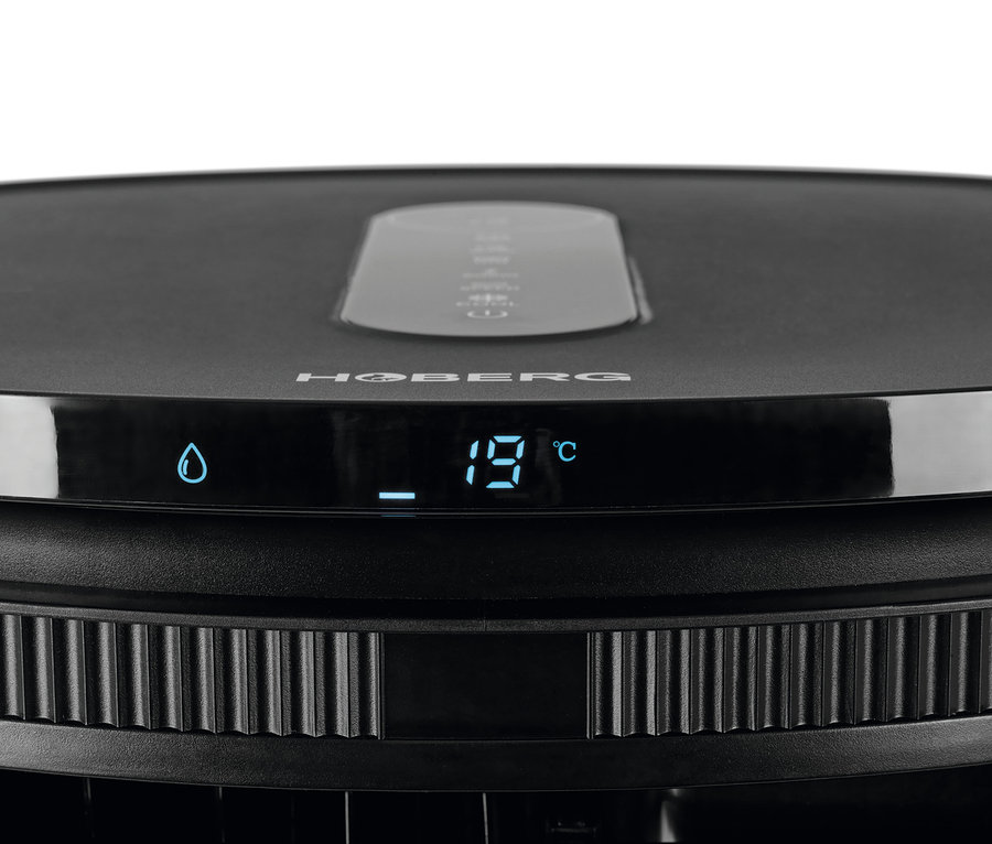 Detailansicht eines schwarzen Hoberg Luftkühlers SW-44 T1BFKY mit Digitalanzeige, die 19 Grad Celsius anzeigt.