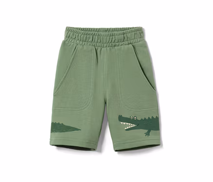 Grüne Kinder-Sweatshorts mit Krokodil-Print.