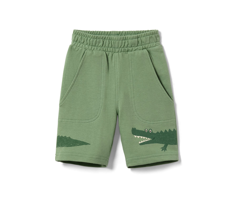 Grüne Kinder-Sweatshorts mit Krokodil-Print.