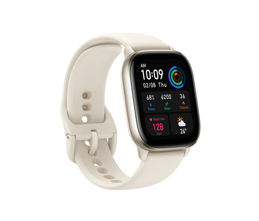 Nahaufnahme der Amazfit GTS 4 Mini-Smartwatch in Mondscheinweiß, die die Uhrzeit 10:09 und das Datum 8. Februar anzeigt.