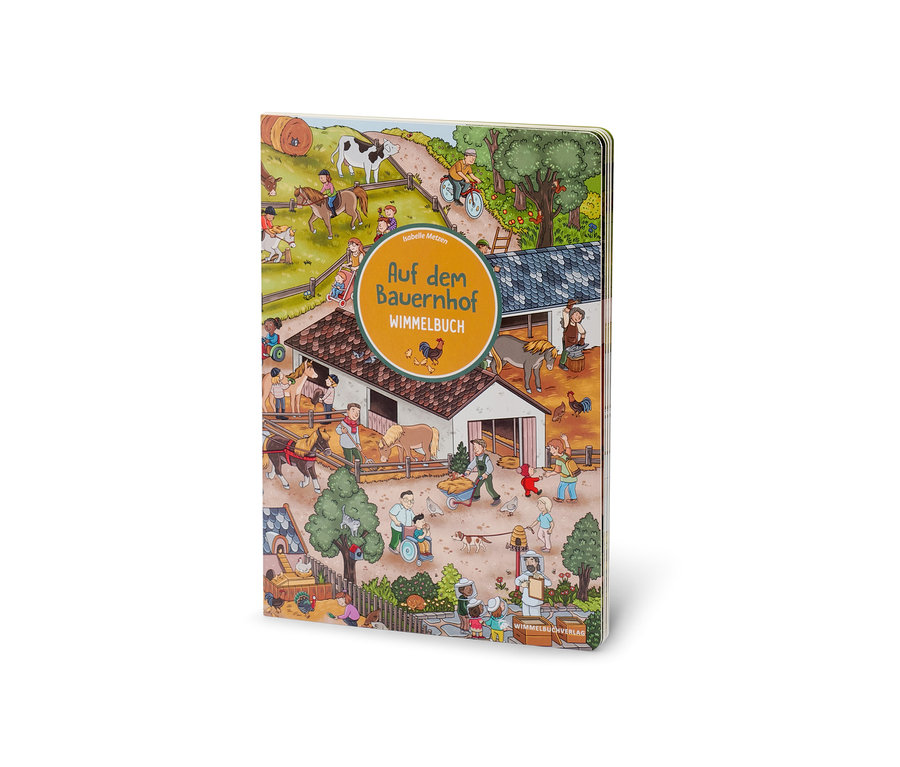 Nahaufnahme des Kinder-Wimmelbuchs "Auf dem Bauernhof" mit Illustrationen von Menschen und Tieren auf einem Bauernhof.