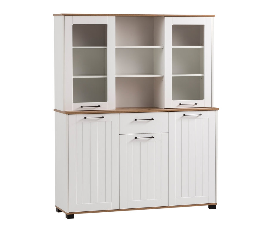 Weißer Buffetschrank "Jelda" mit Glastüren und Schubladen.