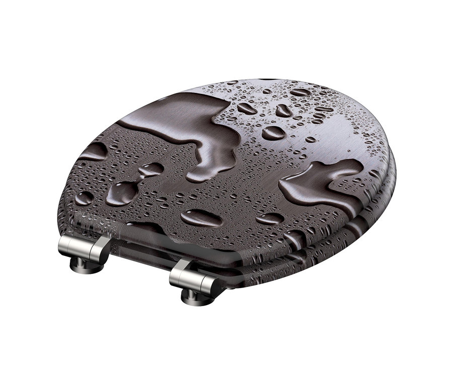 Nahaufnahme eines MDF WC-Sitzes, Grey Steel, mit Wassertropfen auf der Oberfläche.