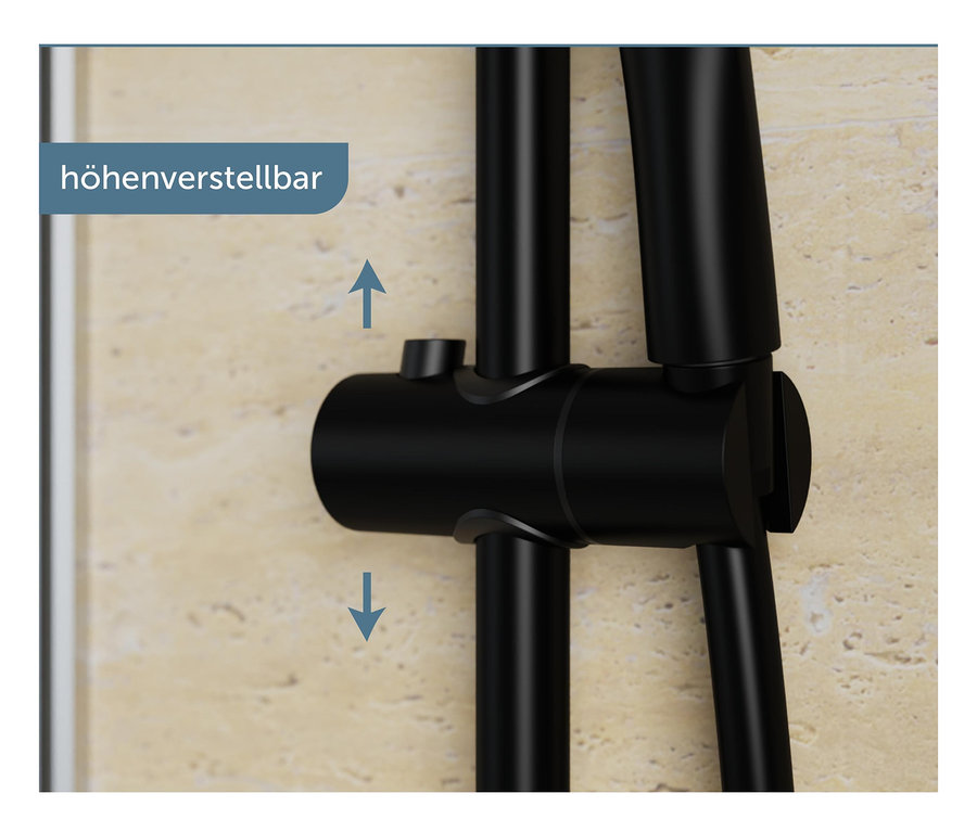 Detailaufnahme eines schwarzen Brausestangen-Sets »CAPRI« an einer beigen Wand.