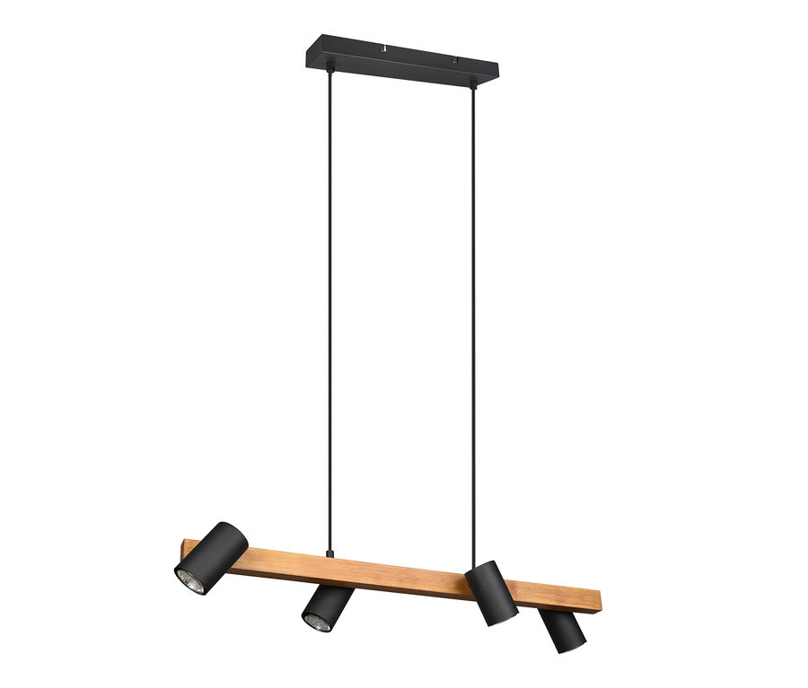 Schwarze Trio Pendelleuchte »Marley« mit vier Strahlern an einem Holzbalken.