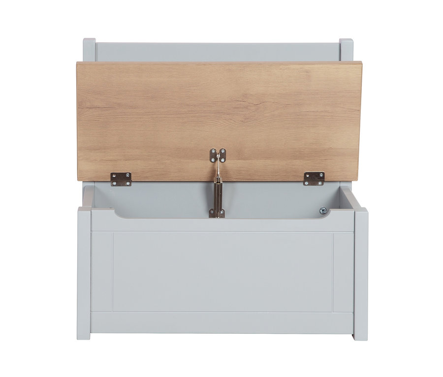 Geöffnete graue roba Kindertruhenbank »Woody« mit Holzdeckel.