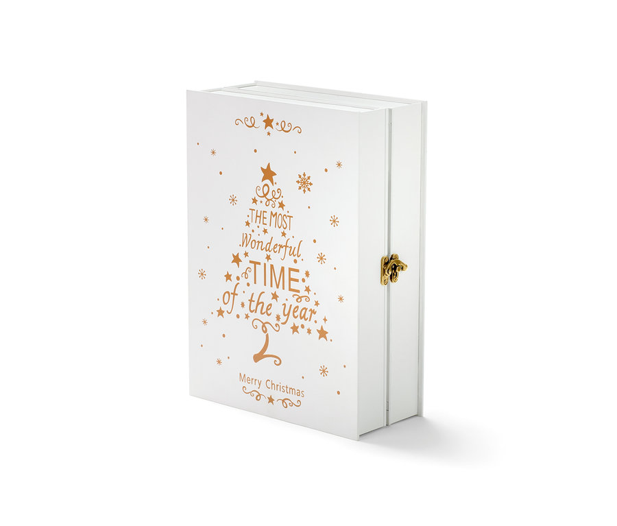 Ein weißer LED-Adventskalender mit goldenem Weihnachtsbaumaufdruck und Verschluss.