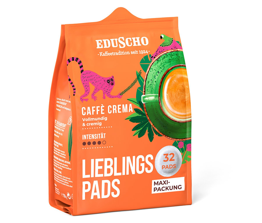Orangefarbene Packung Eduscho Lieblingspads Caffè Crema mit Tierbildern und einer Tasse Kaffee.