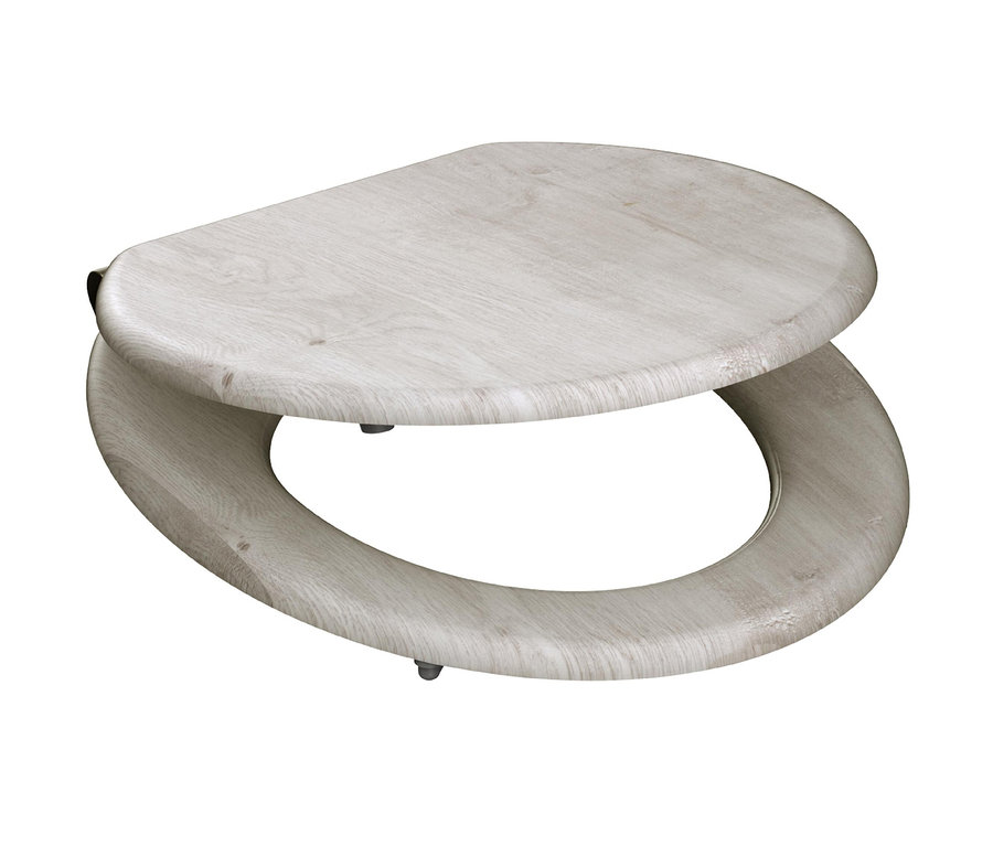 Ein WC-Sitz aus MDF in heller Holzoptik.