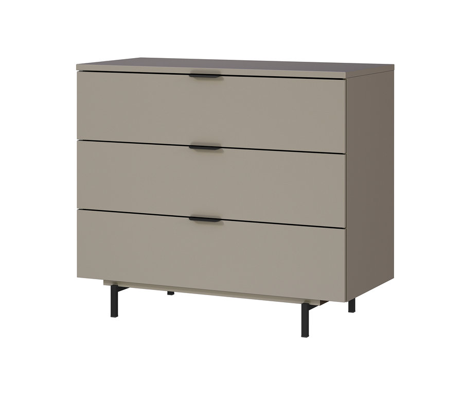 Beige Kommode mit drei Schubladen und schwarzen Griffen und Beinen. »Tomino«