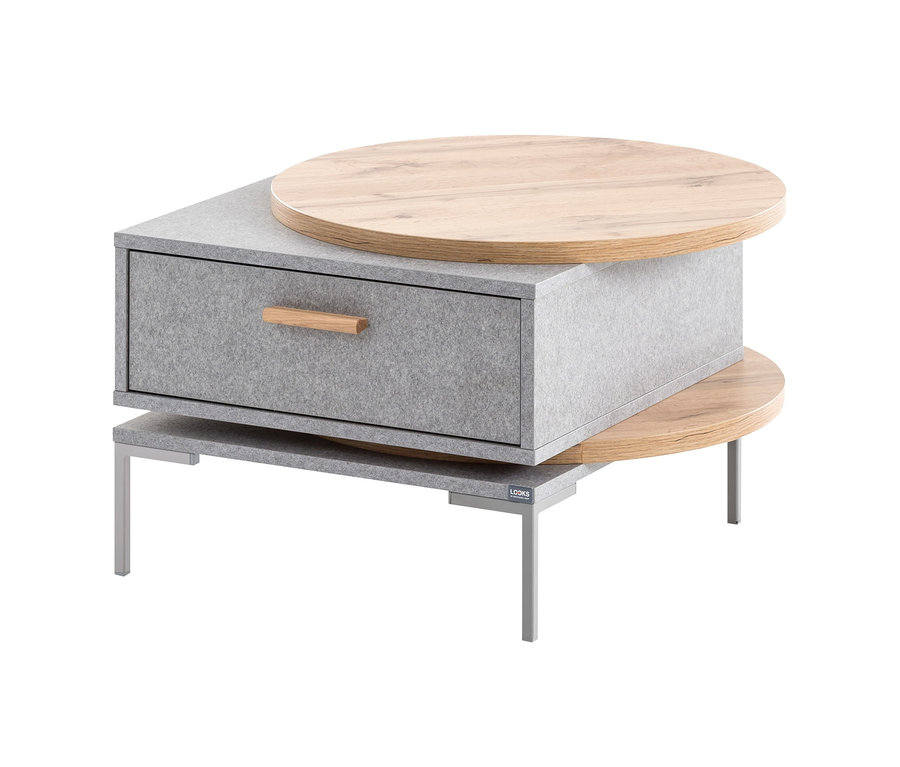 Grauer Couchtisch mit runden Holzablagen und Schublade.