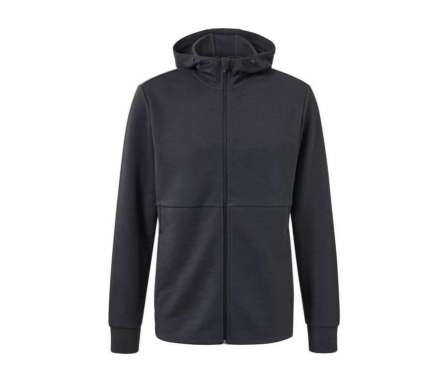Dunkelgraue Funktions-Sweatjacke mit Kapuze und Reißverschluss vorne.