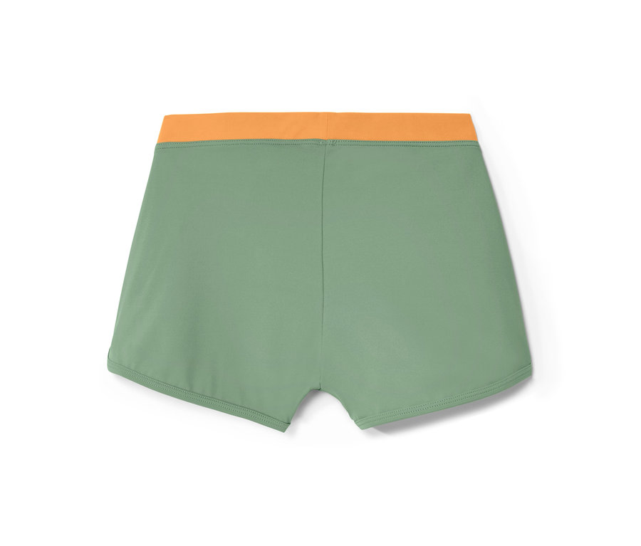 Grüne Kinderbadehose mit orangefarbenem Bund aus Kinder-Bikini-Set, 3-teilig.