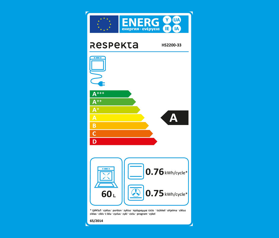 Energielabel für Respekta Einbauherd-Set »HS 2200-33«, A (von A+++ bis D), mit Energieverbrauch und 60L Volumen.