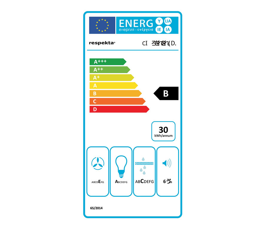 Energielabel mit der Klasse B und einem jährlichen Verbrauch von 30 kWh.