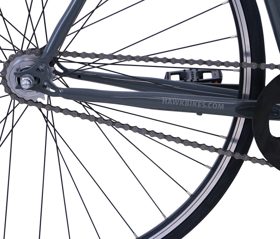 Detailansicht eines grauen HAWK Bikes Fahrrads »Urban Vintage Singlespeed« mit 28 Zoll und 55-cm-Rahmen.