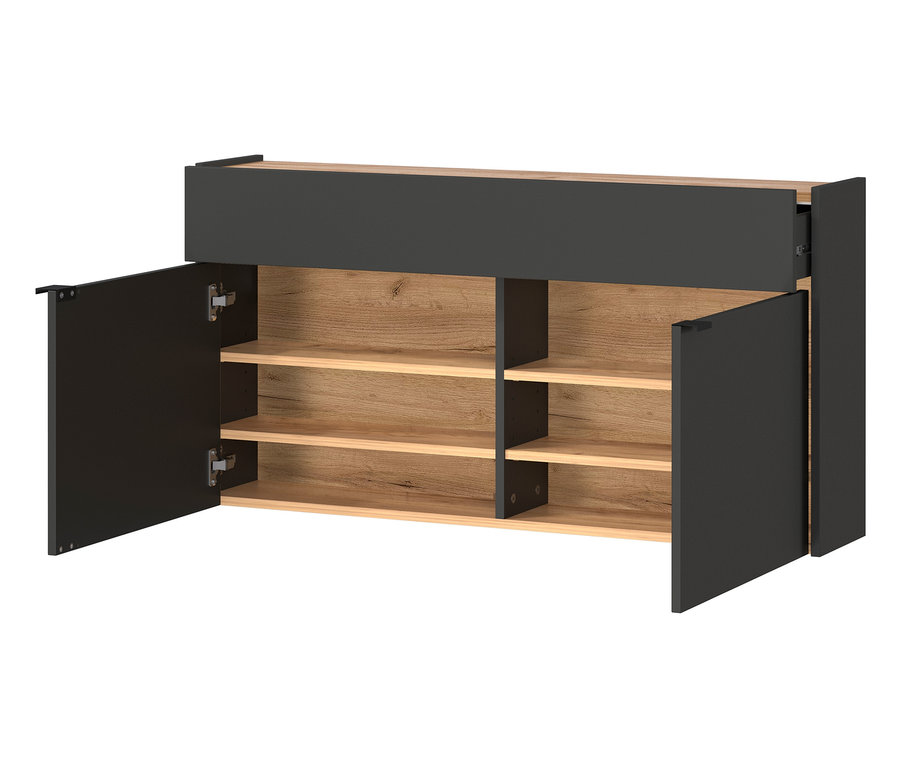 Breiter Mehrzweckschrank »Ameca« in Graphit mit offenen Türen und Regalen.