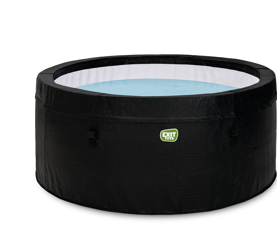 Ein mit Wasser gefüllter, schwarzer EXIT Leather Premium Whirlpool für 2 Personen.