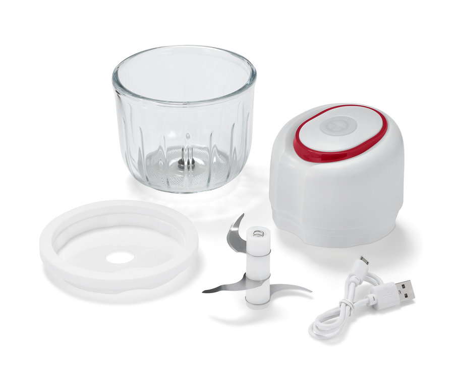 Teile des kabellosen Multizerkleinerers auf weissem Hintergrund.