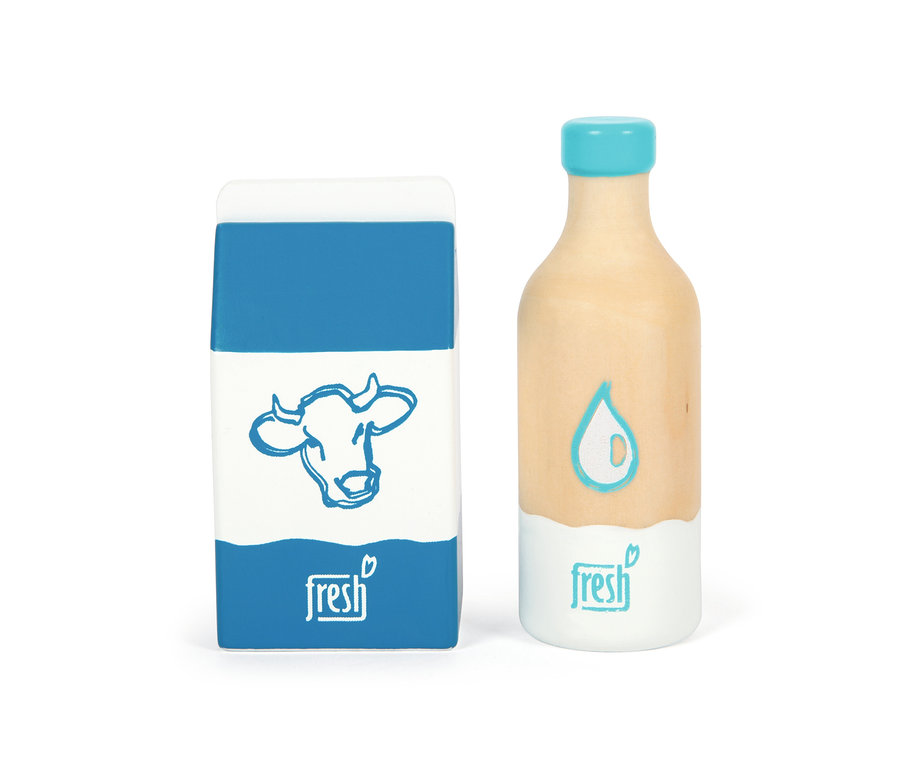 Milchkarton und Flasche aus dem Holzspielzeug small foot Lebensmittel-Set vegetarisch »fresh«.