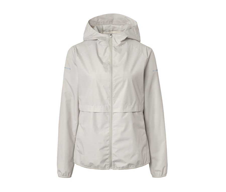 Graue Laufjacke mit Reißverschluss und Kapuze.