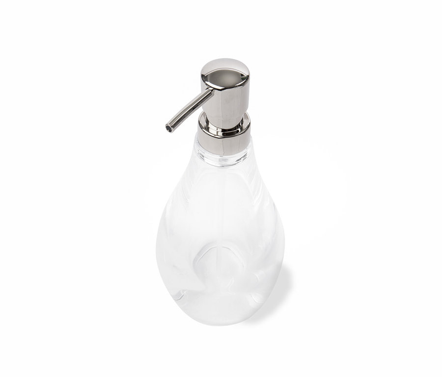 Ein transparenter Seifenspender "Droplet" mit verchromter Pumpe.