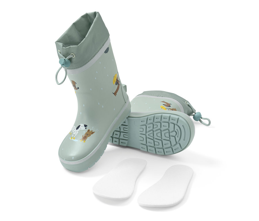 Grüne Gummistiefel mit Hundemotiv und Einlegesohlen.