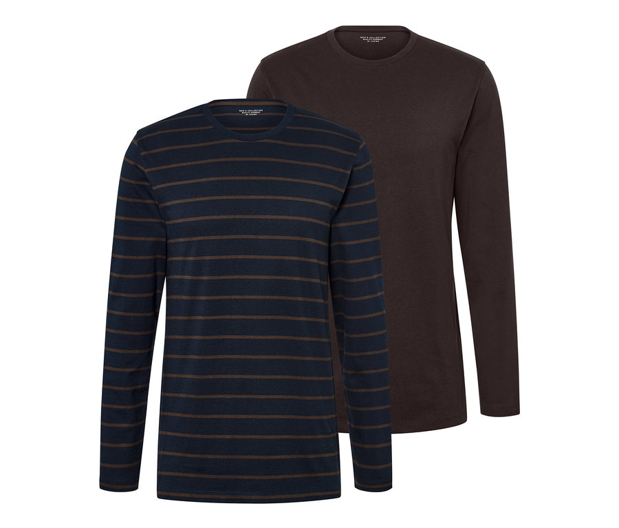 Zwei Langarmshirts, einfarbig braun und gestreift dunkelblau.