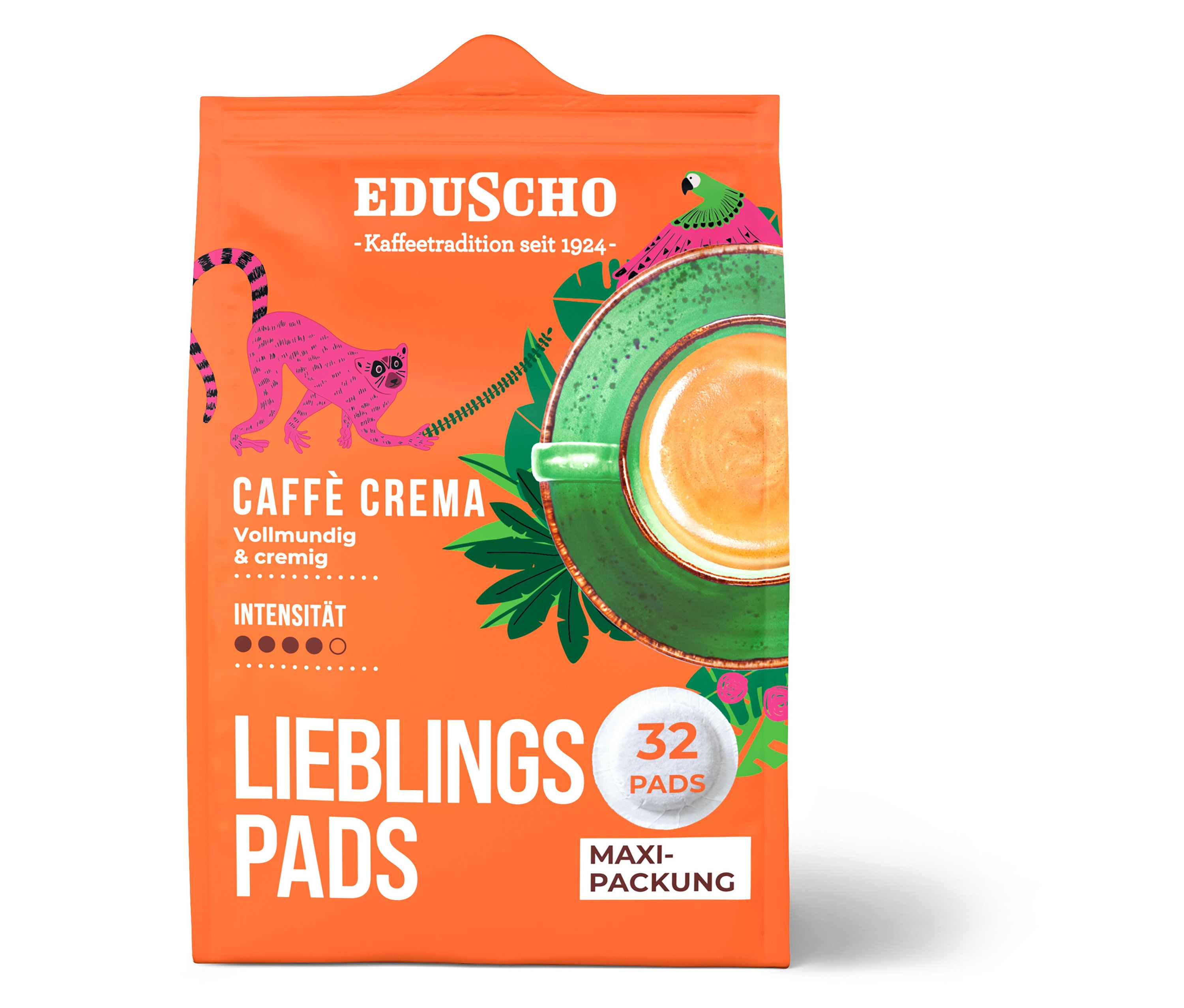 Orangefarbene Packung Eduscho Lieblingspads Caffè Crema mit Tierbildern und einer Tasse Kaffee.