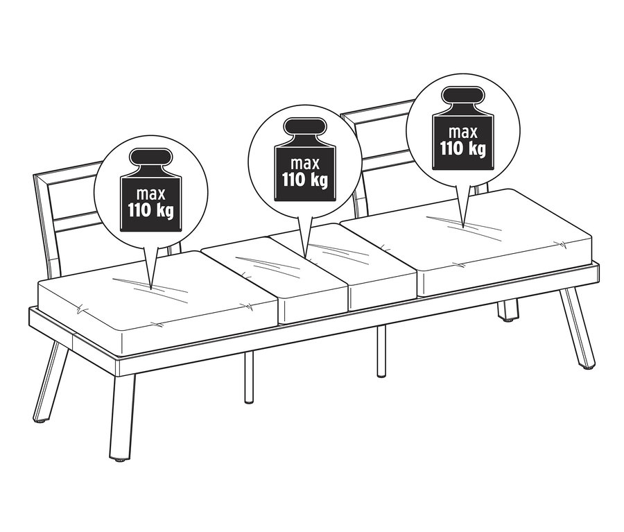 Illustration eines 2-in-1-Sofa-Liege mit hochklappbarem Mitteltisch, max. 110 kg Belastung pro Sitz.