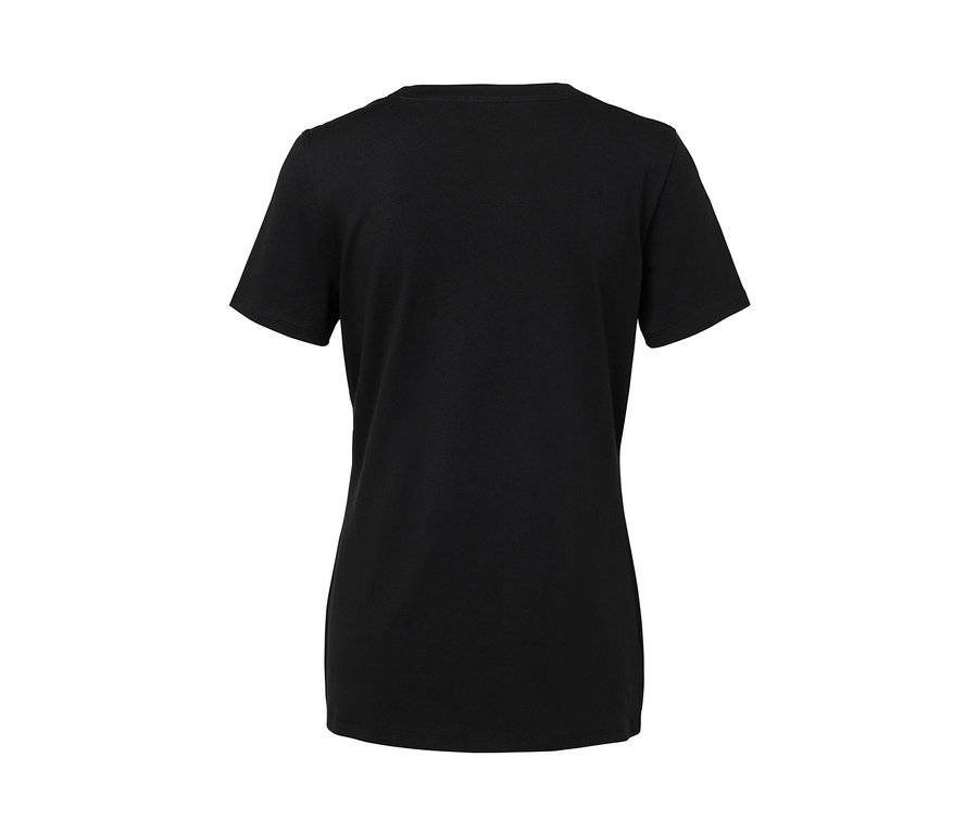 Detailansicht der Rückseite eines schwarzen Basic T-Shirts.