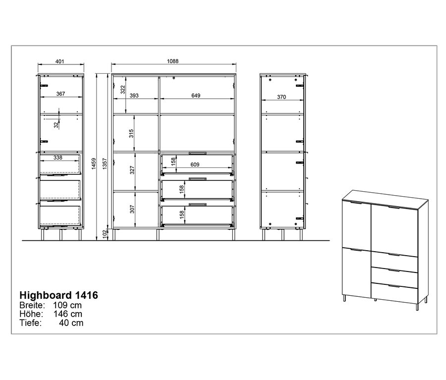 Diagramme des Highboards »Kenora« mit Abmessungen.
